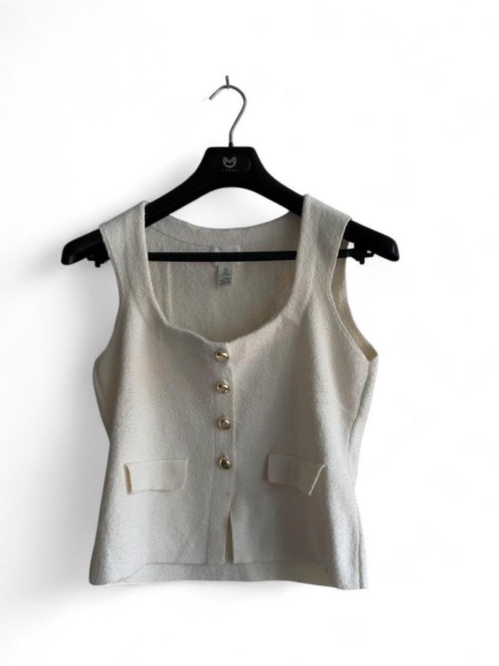 HM Ivory Cream Bouclé Tweed Texture Knit Vest Top Gold Button Down - SIZE SMALL